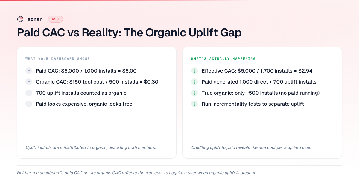 Comparison showing how dashboard-reported paid CAC of $5.00 and organic CAC of $0.30 distort the true $2.94 effective CAC when organic uplift from paid campaigns is properly attributed